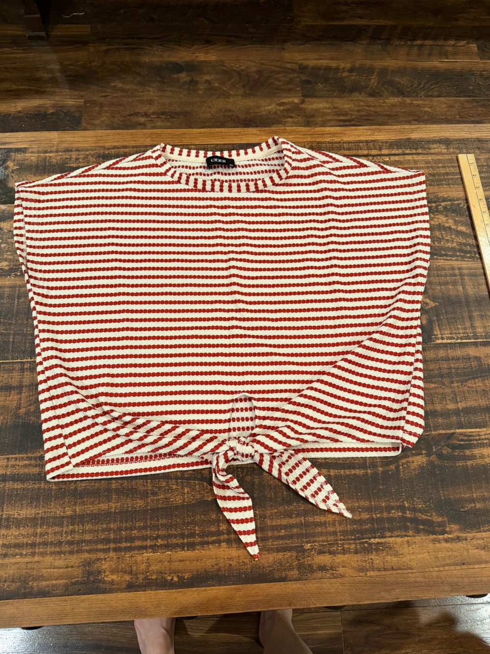 Cider Red and White Striped Tie-Front Short Sleeve Top